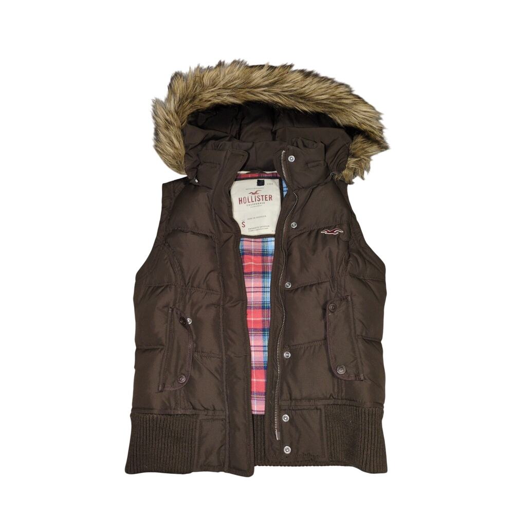 Y2K Hollister Brown Puffer Vest Womens S Hooded Fur Trim Down Fill Plaid Lining